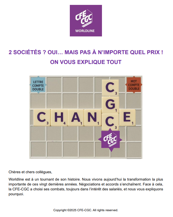 La CFE-CGC défend vos droits : protection des salariés, pouvoir d’achat, conditions de travail, intéressement...
En novembre, votez pour un syndicat engagé et réaliste, constitué de salariés comme vous !