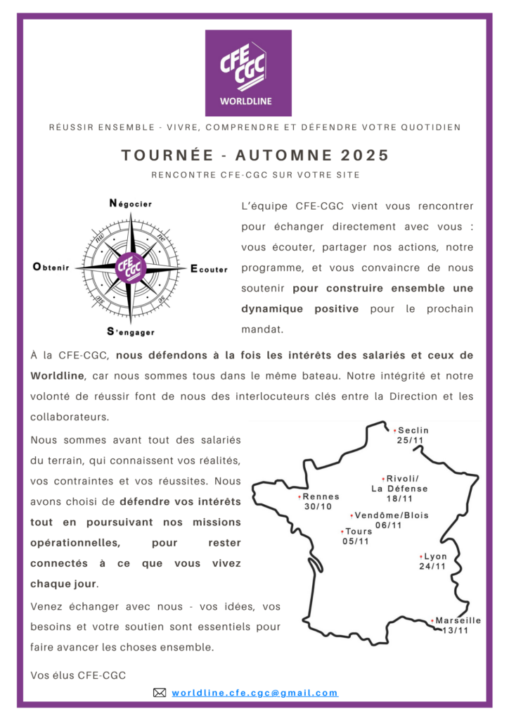 À l’approche des élections professionnelles, vos élus CFE-CGC viennent à votre rencontre.
Ils seront à votre écoute et répondront à toutes vos questions. Venez nombreux !
